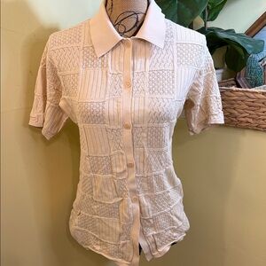 Sandro Cream Patchwork Knit Polo Blouse